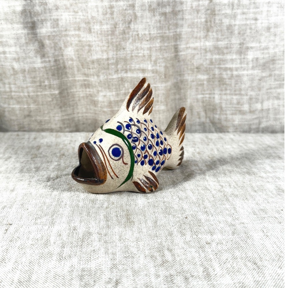 Ken Edwards Mexico Tonala Pottery Fish Figurine Hand Painted Blue Brown 5 inch